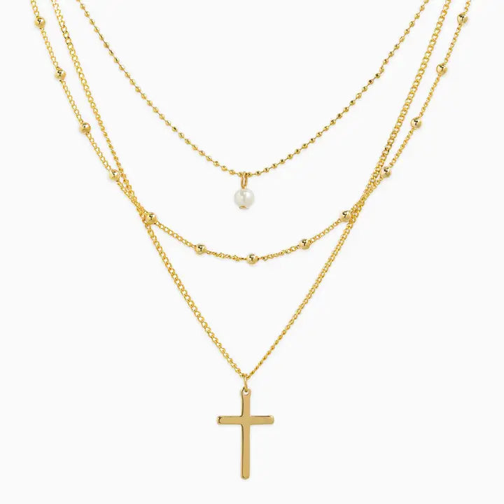 Triple Layered Cross Necklace in Gold