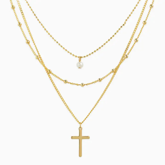 Triple Layered Cross Necklace in Gold