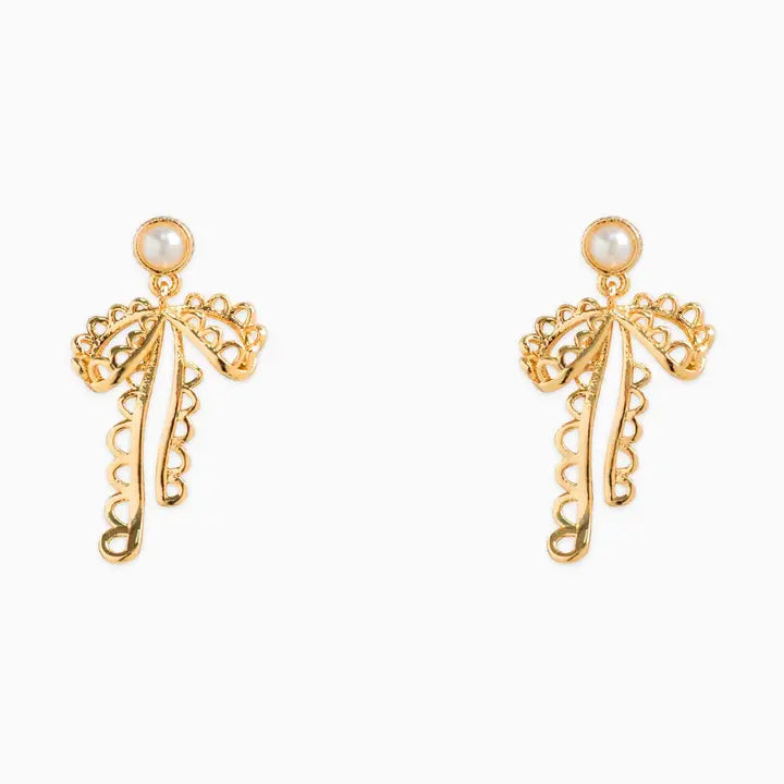 Pearl Drop Lace Bow Earrings In Gold