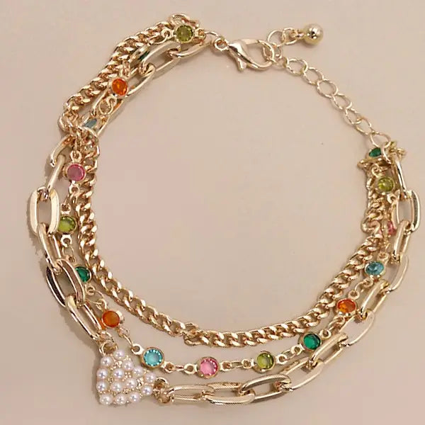 Pearl Heart Multi Layer Bracelet in Gold