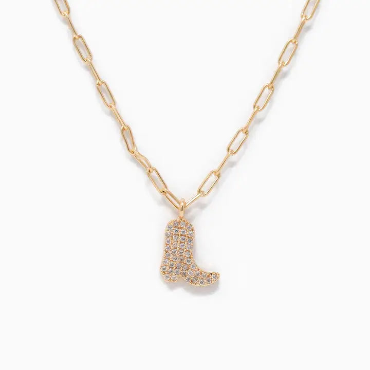 Pave Cowgirl Boot Pendant Necklace in Gold