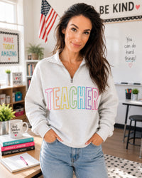 *PREORDER* Embroidered Teacher Quarter Zip in Ash (Ends: 7/13)