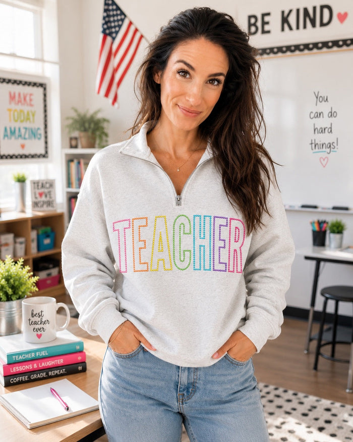 *PREORDER* Embroidered Teacher Quarter Zip in Ash (Ends: 7/13)