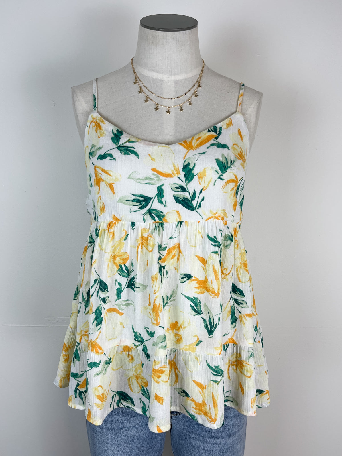 V Neck Floral Babydoll Tank in Yellow Floral