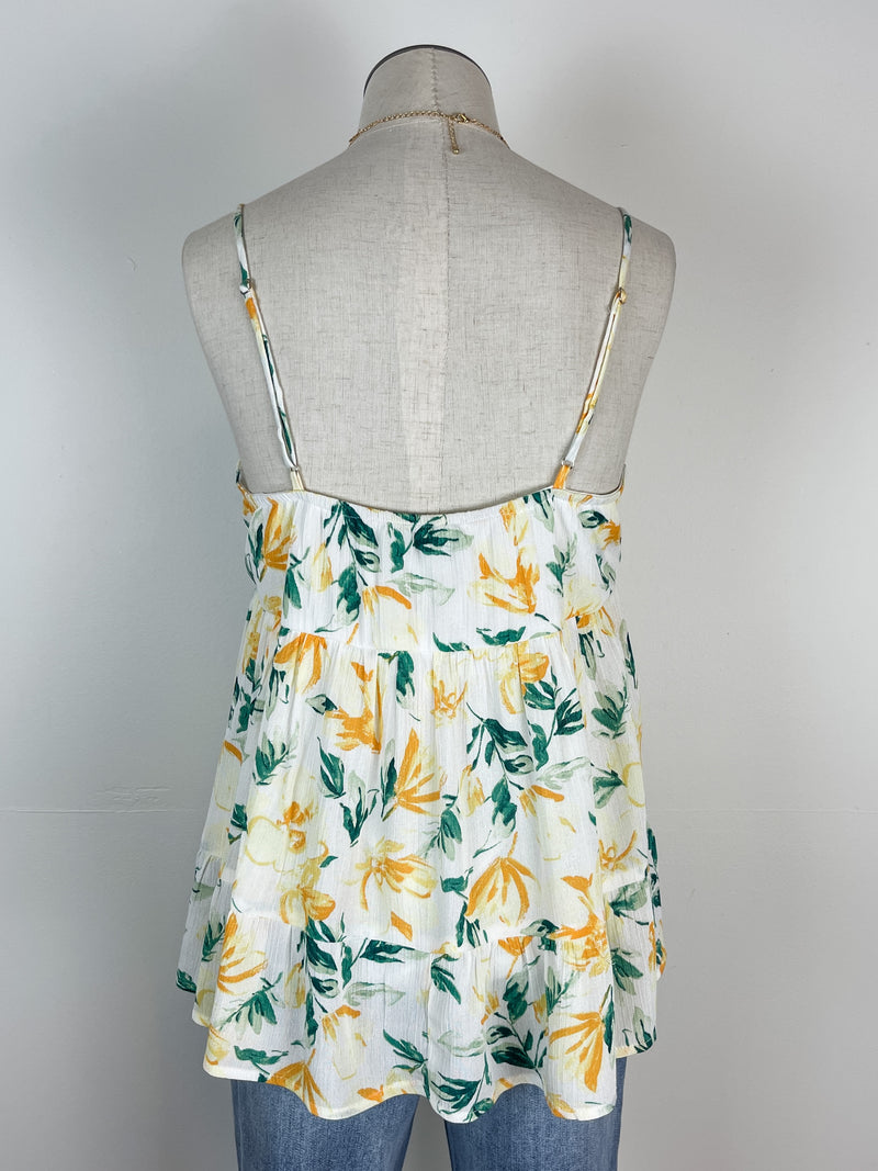 V Neck Floral Babydoll Tank in Yellow Floral