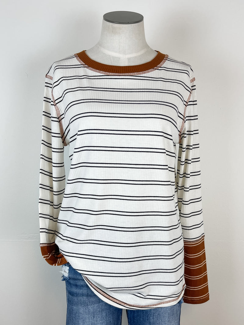 Leah Two Toned Striped Top in Black/Camel