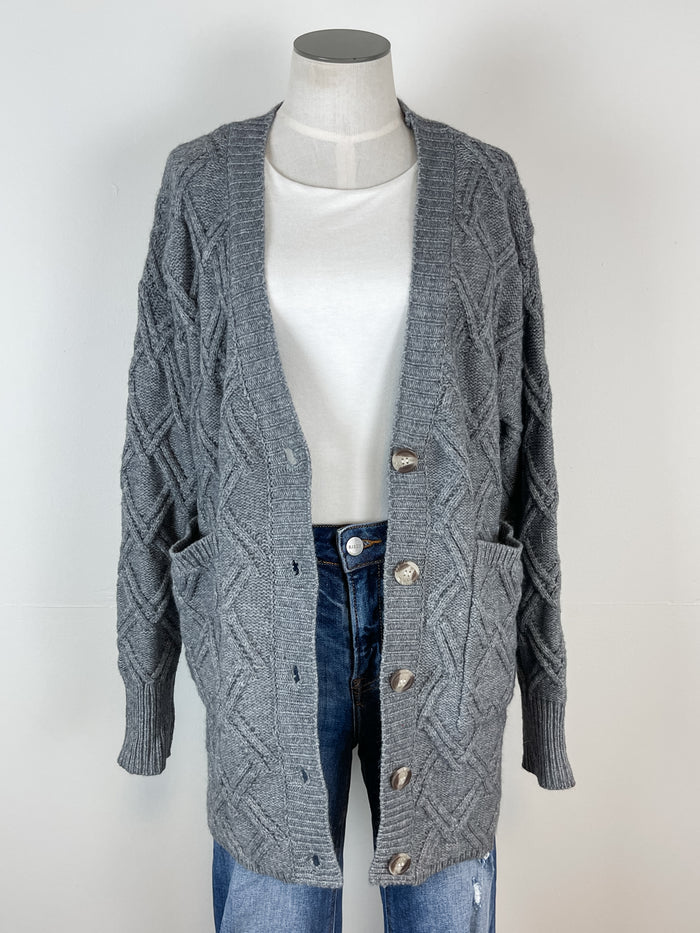 Sam Cable Knit Button Cardigan in Grey
