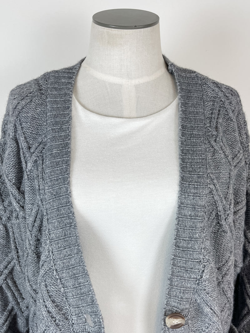 Sam Cable Knit Button Cardigan in Grey