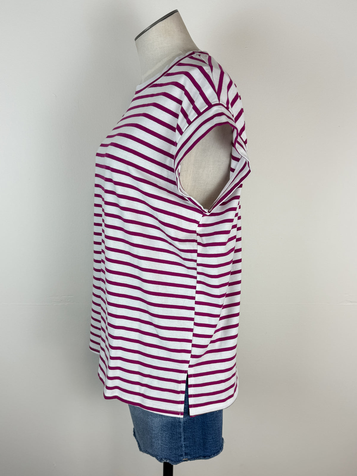 Erin Basic Striped Muscle Tee in White/Magenta