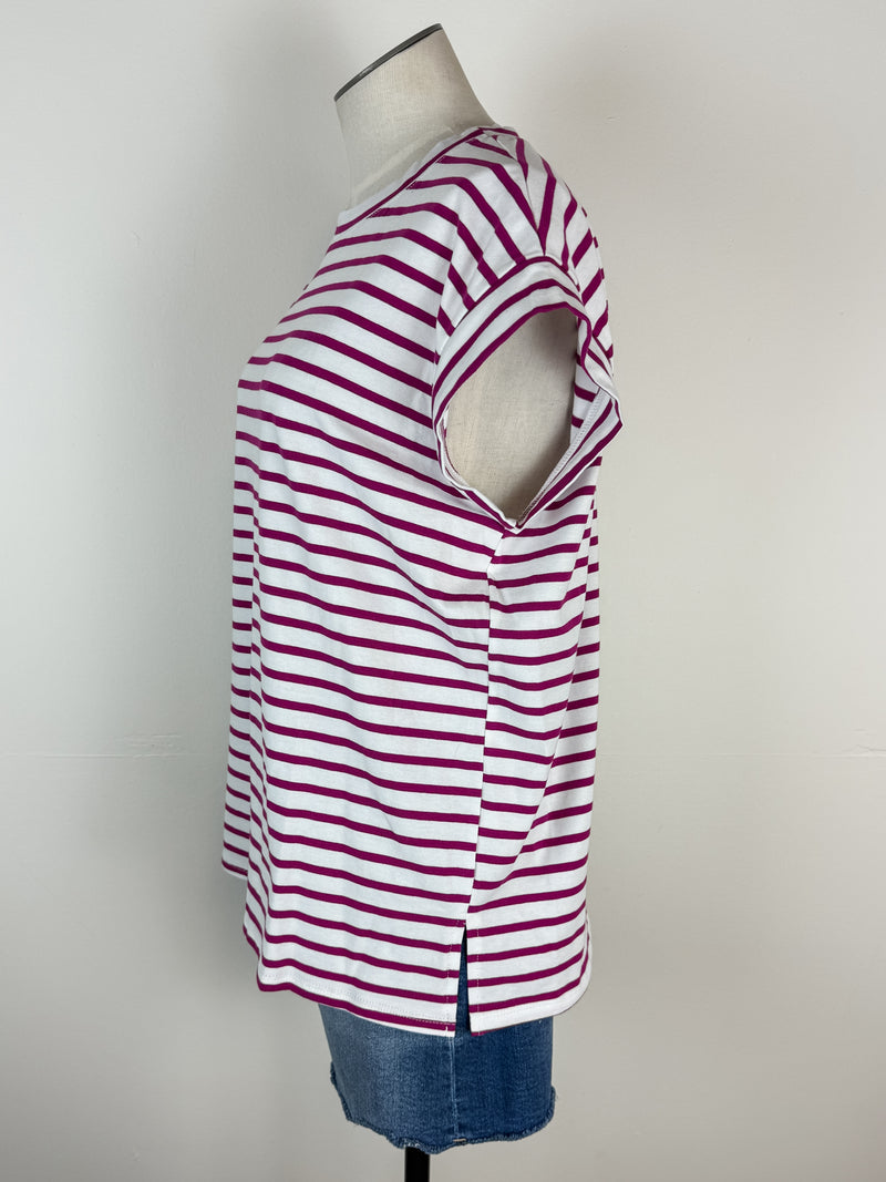 Erin Basic Striped Muscle Tee in White/Magenta