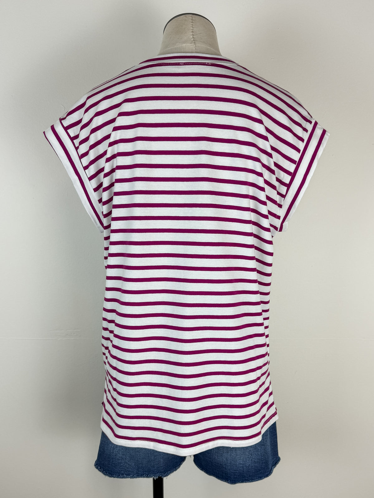 Erin Basic Striped Muscle Tee in White/Magenta