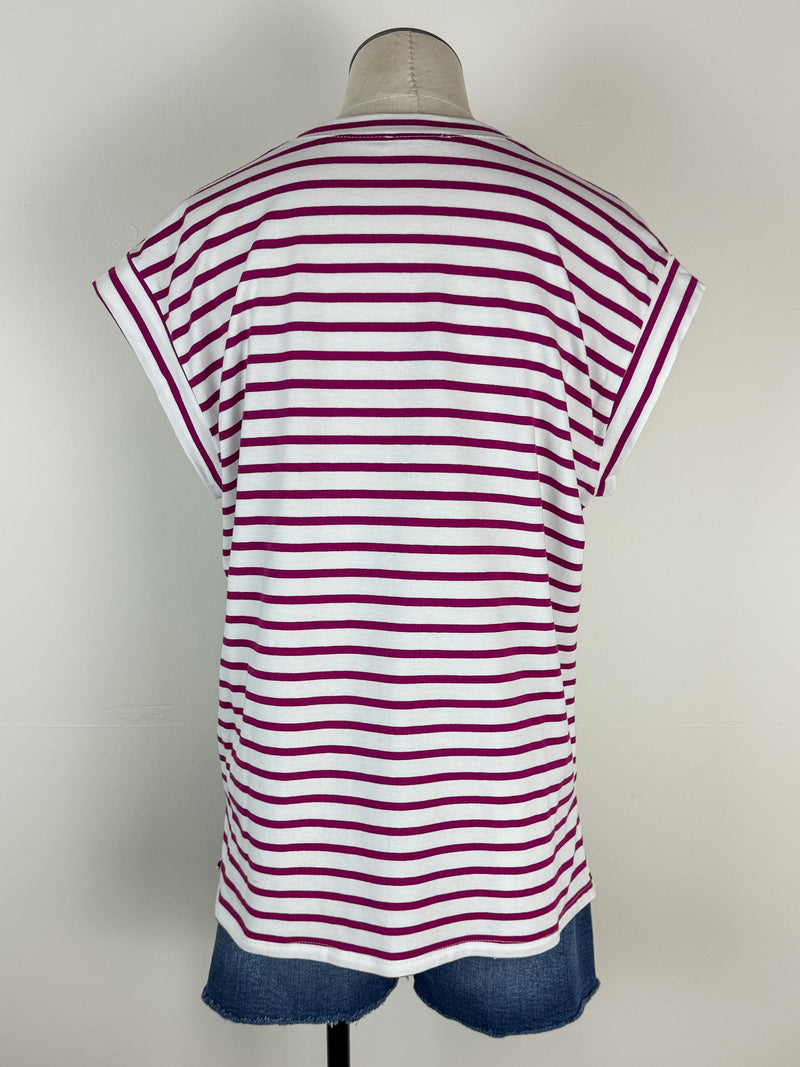 Erin Basic Striped Muscle Tee in White/Magenta