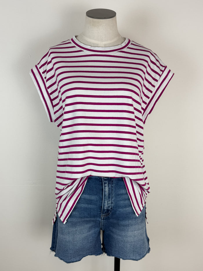 Erin Basic Striped Muscle Tee in White/Magenta