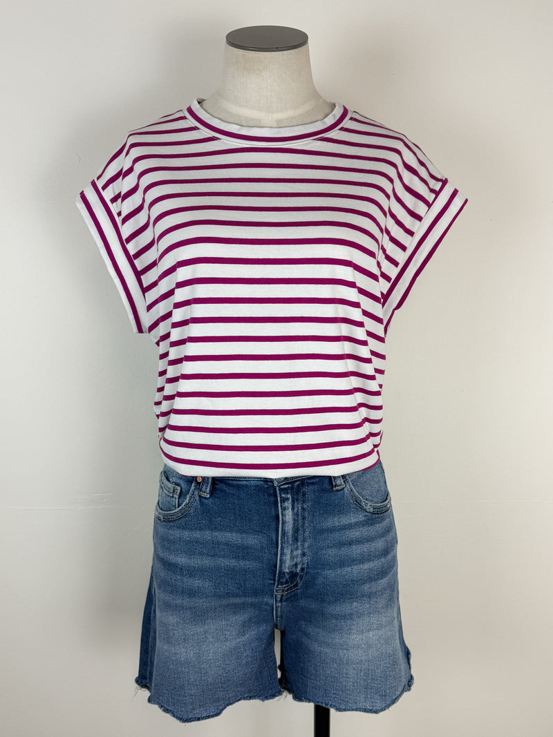 Erin Basic Striped Muscle Tee in White/Magenta