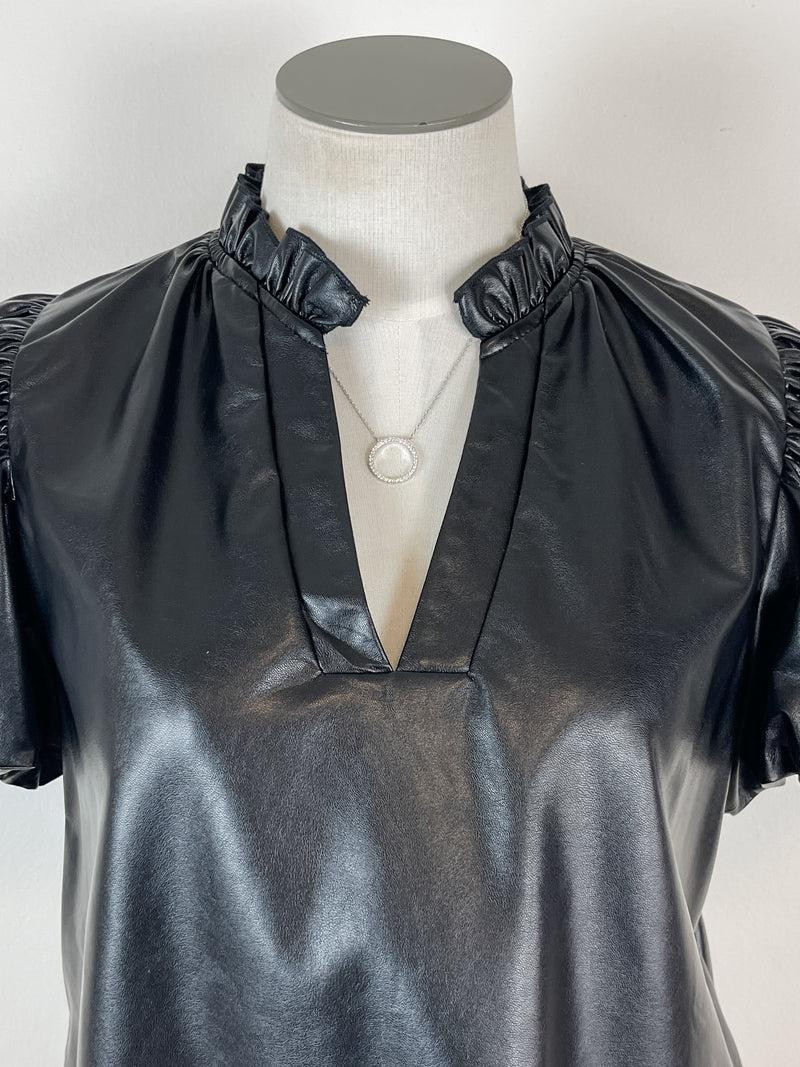 Sloane Faux Leather Puff Sleeve Top in Black