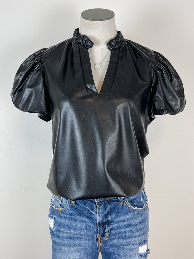 Sloane Faux Leather Puff Sleeve Top in Black
