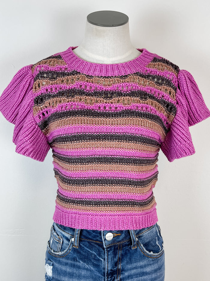 Esme Ruffle Sleeve Striped Cropped Top in Pink Mix