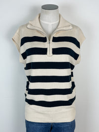 Ava Striped Zip Up Sleeveless Sweater in Cream/Black