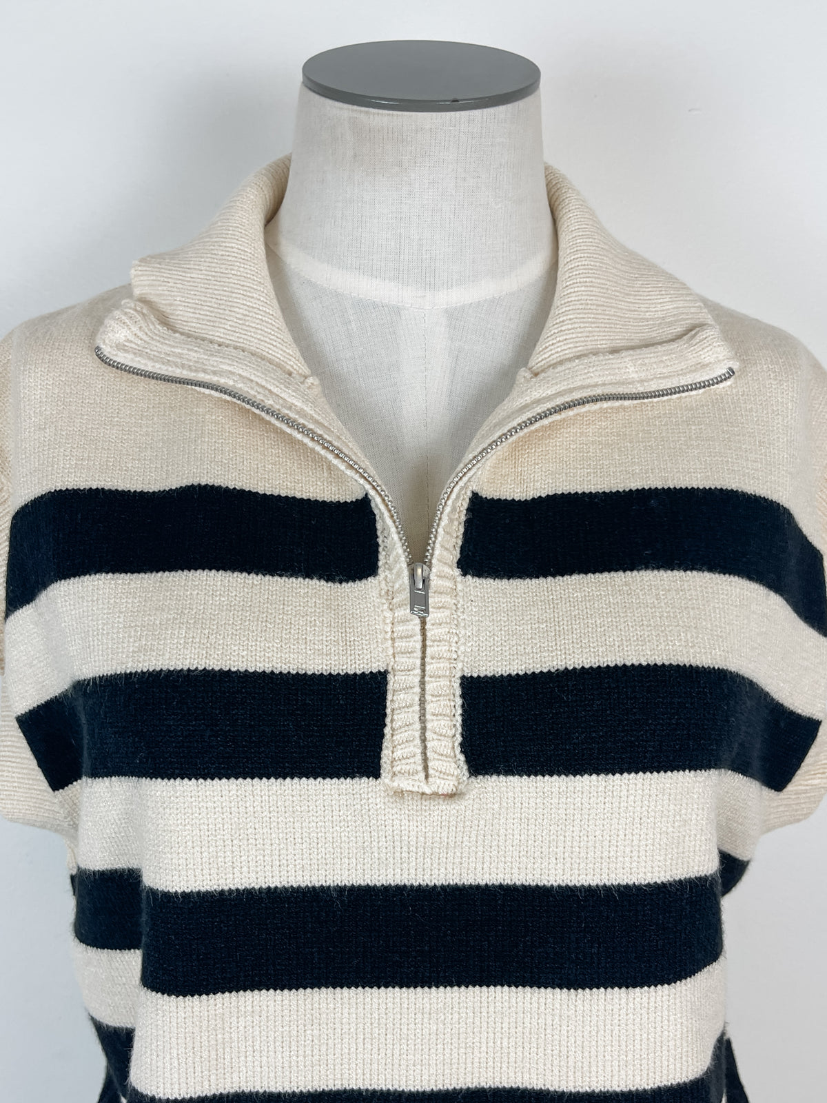 Ava Striped Zip Up Sleeveless Sweater in Cream/Black