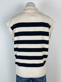 Ava Striped Zip Up Sleeveless Sweater in Cream/Black