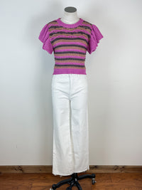 Esme Ruffle Sleeve Striped Cropped Top in Pink Mix