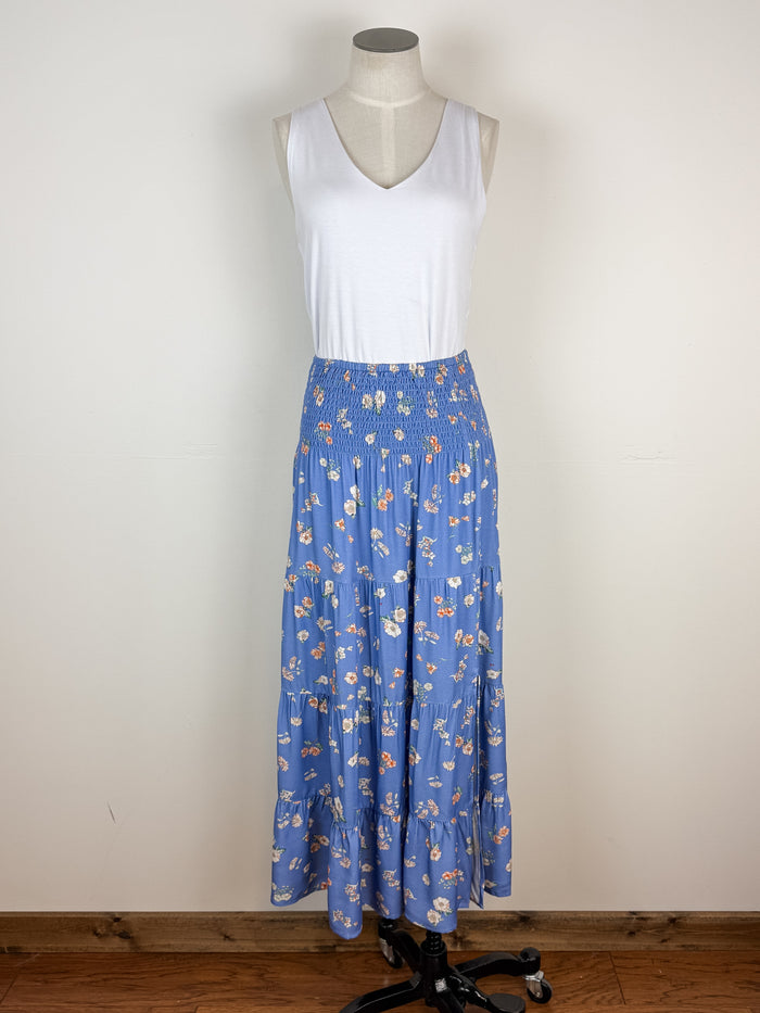 Riley Tiered Floral Midi Skirt in Blue Combo