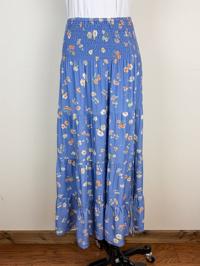 Riley Tiered Floral Midi Skirt in Blue Combo