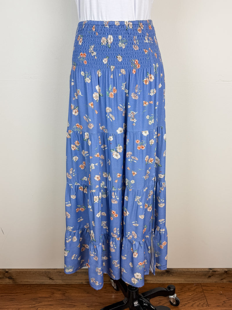 Riley Tiered Floral Midi Skirt in Blue Combo