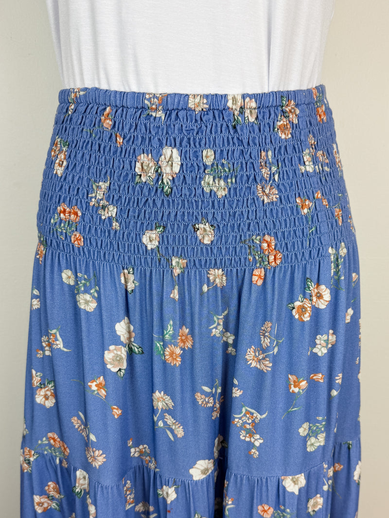Riley Tiered Floral Midi Skirt in Blue Combo