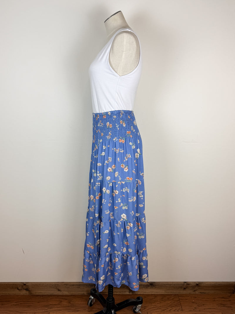 Riley Tiered Floral Midi Skirt in Blue Combo
