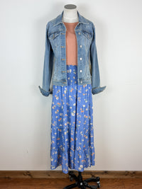 Riley Tiered Floral Midi Skirt in Blue Combo