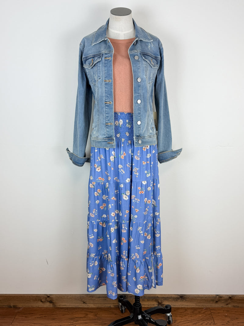 Riley Tiered Floral Midi Skirt in Blue Combo