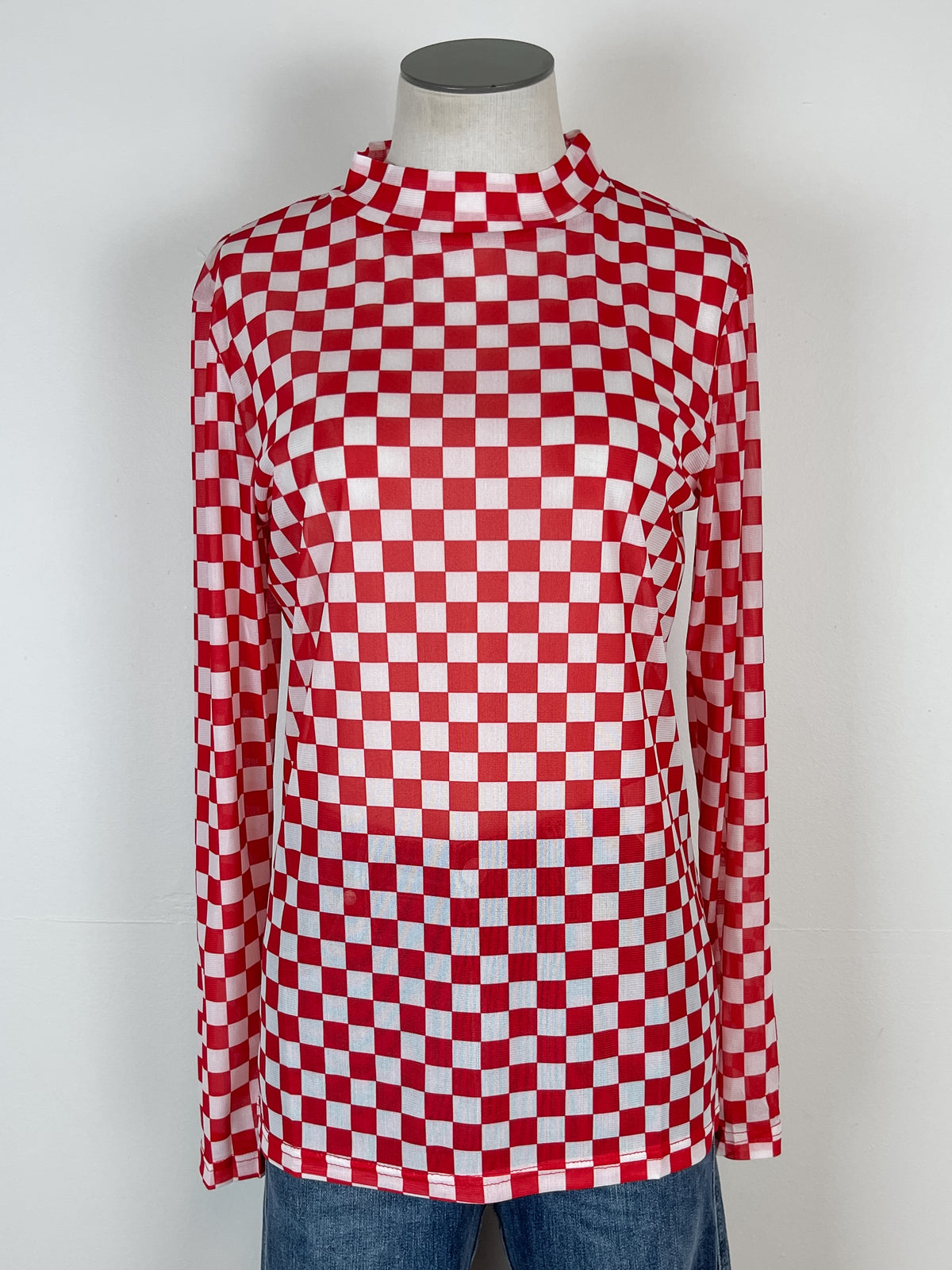 Sammi Checkered Mesh Top in Red