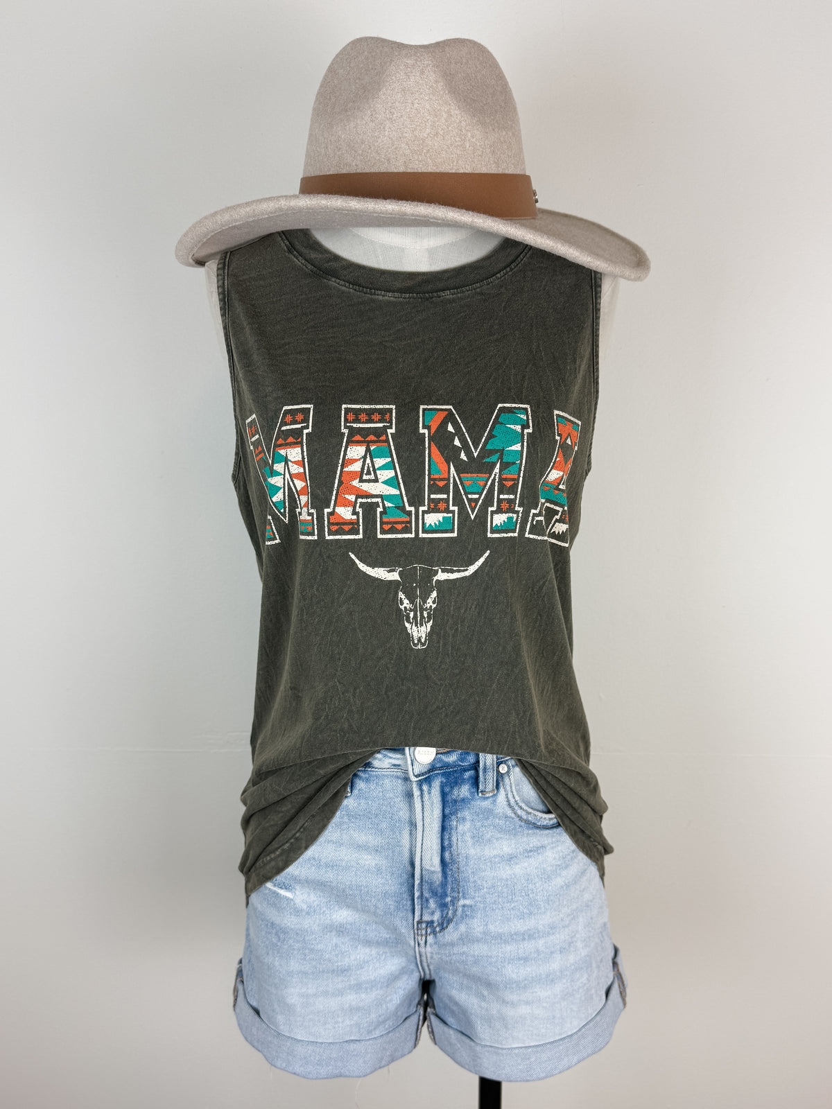 Aztec Print Mama Mineral Wash Tank in Olive