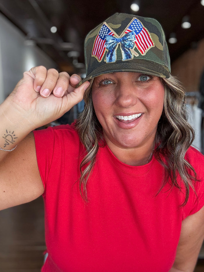 American Flag and Bow Trucker Hat in Camo