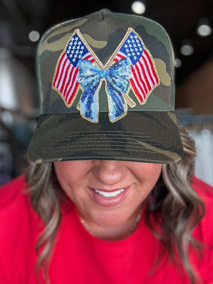 American Flag and Bow Trucker Hat in Camo