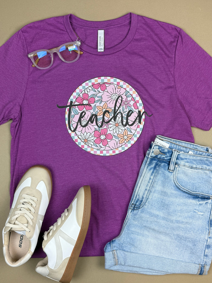 Floral Teacher Tee in Magenta