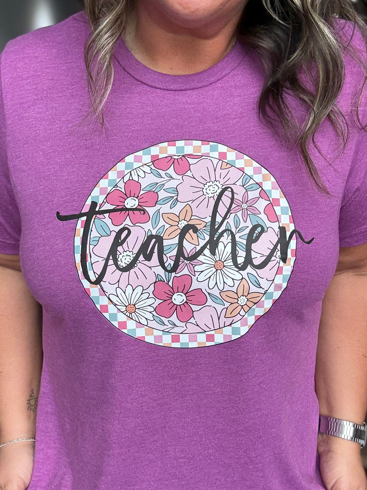 Floral Teacher Tee in Magenta