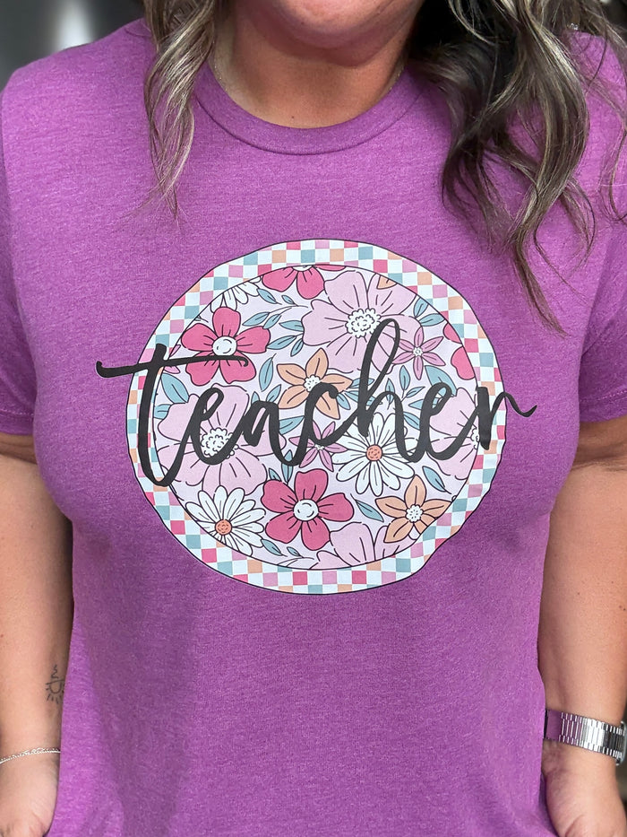 Floral Teacher Tee in Magenta