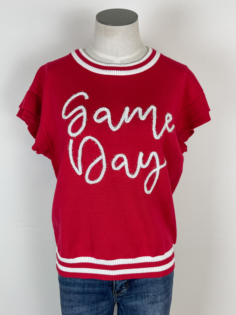 Sasha Ruffle Sleeve Game Day Sweater in Cream/Red