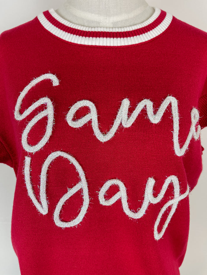 Sasha Ruffle Sleeve Game Day Sweater in Cream/Red