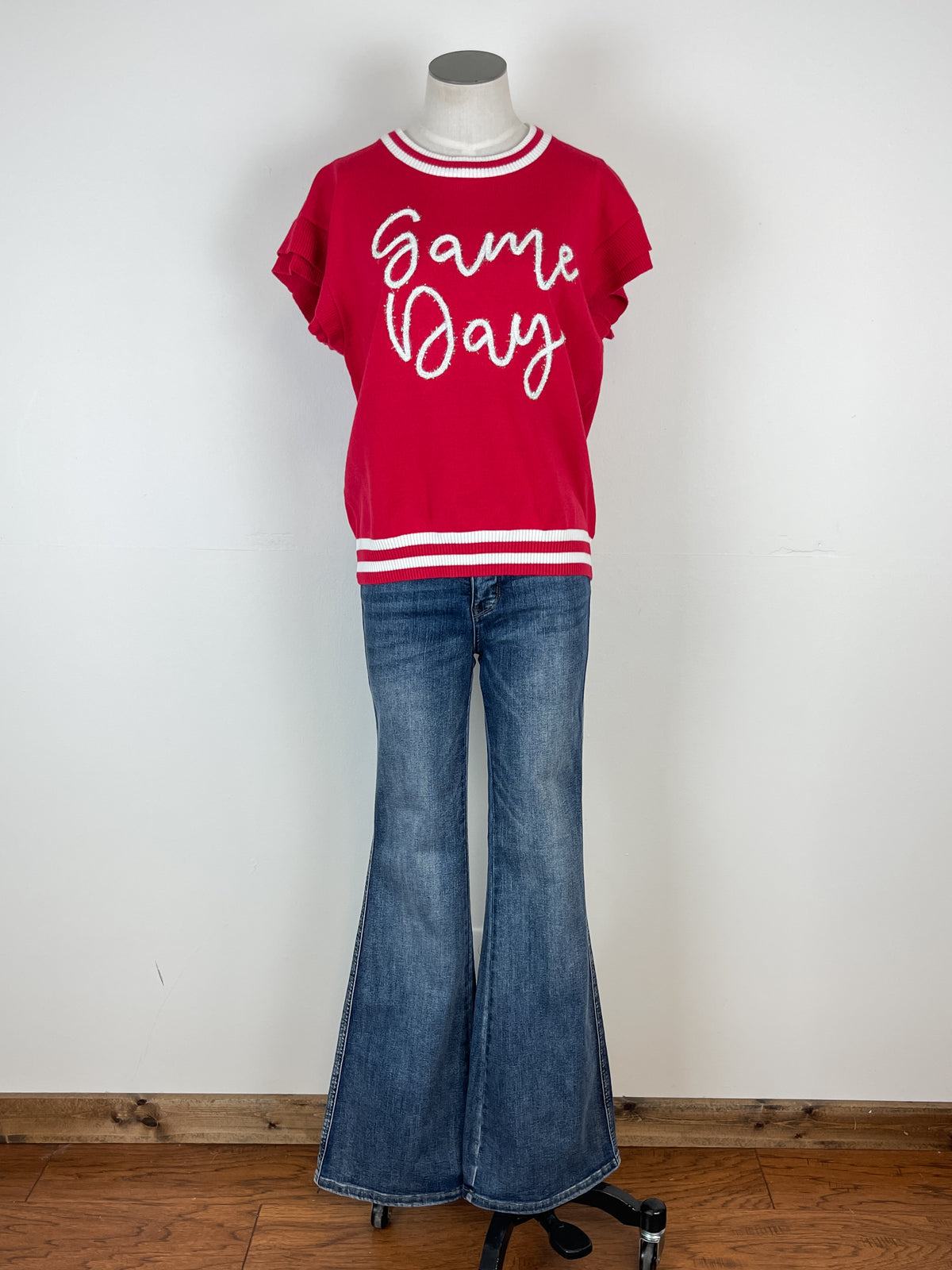 Sasha Ruffle Sleeve Game Day Sweater in Cream/Red