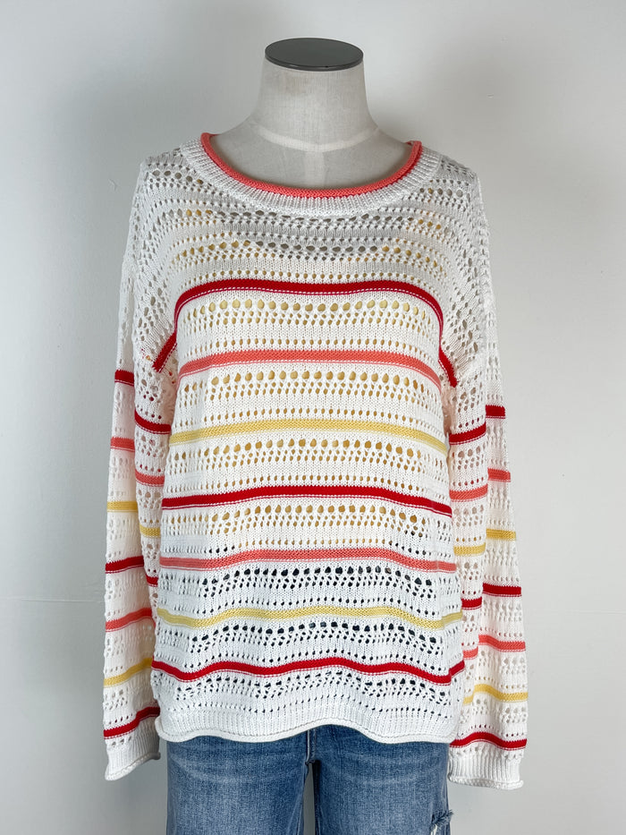 Heidi Crochet Striped Sweater in Coral/Red