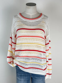 Heidi Crochet Striped Sweater in Coral/Red