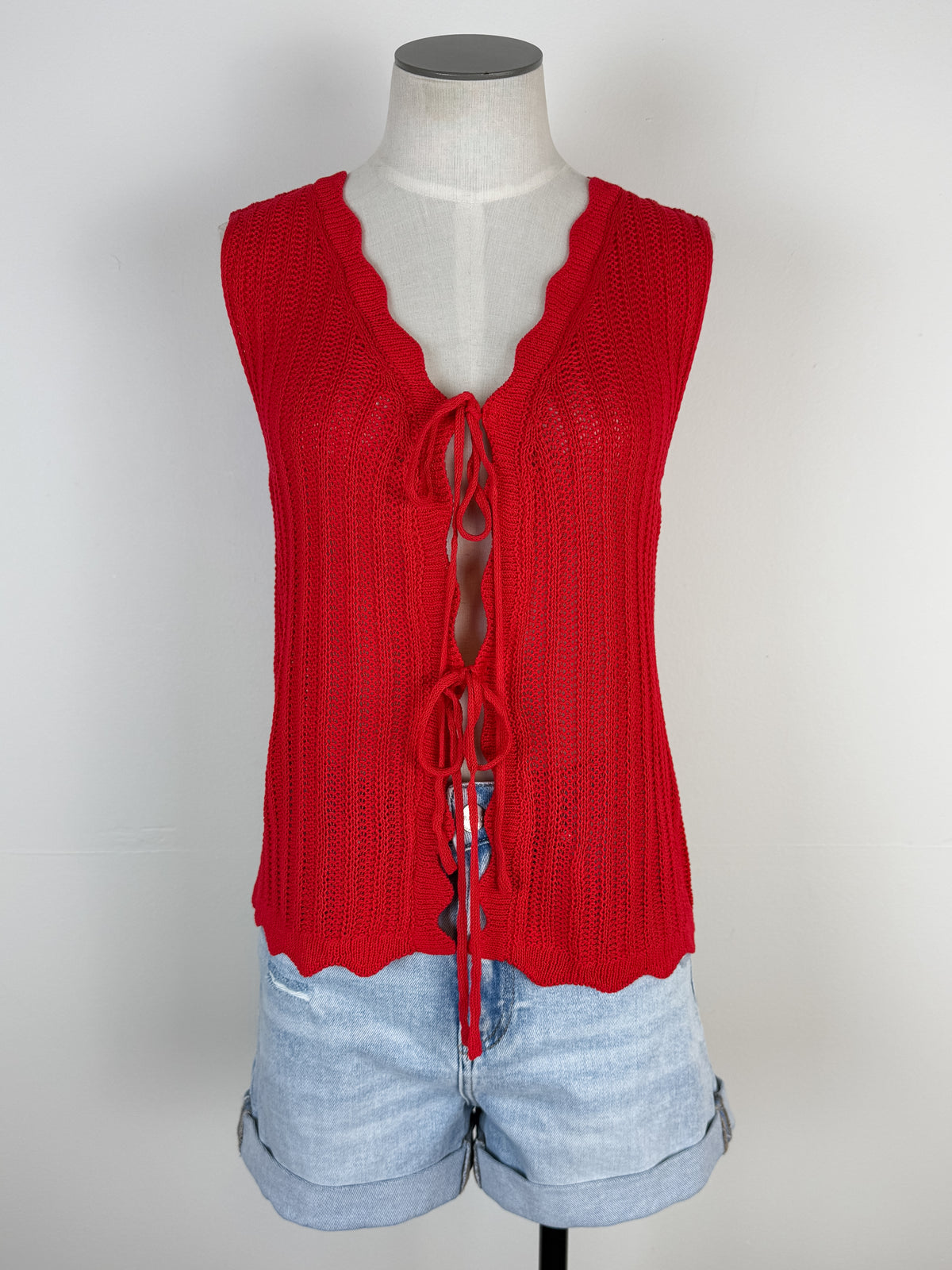 Hailey Scalloped Trim Knit Vest in Red