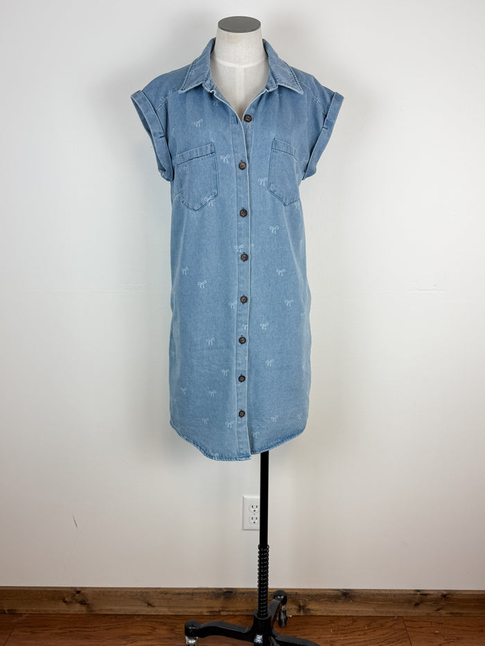 Quinn Button Down Bow Shirt Dress in Denim