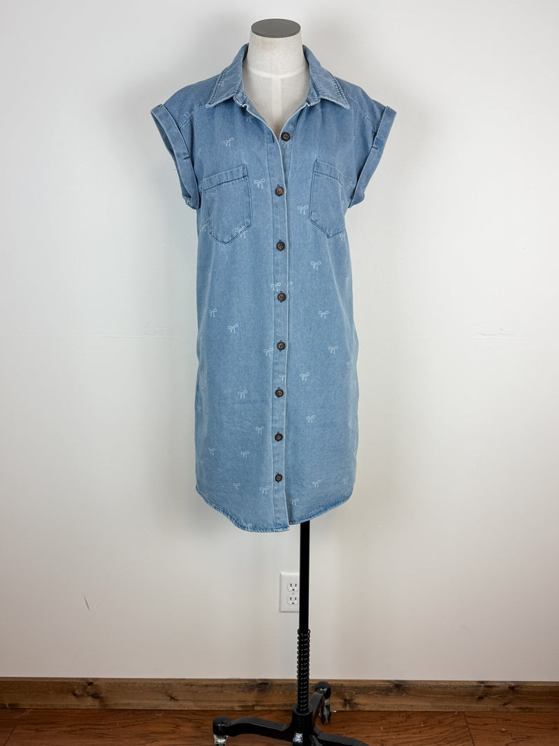 Quinn Button Down Bow Shirt Dress in Denim