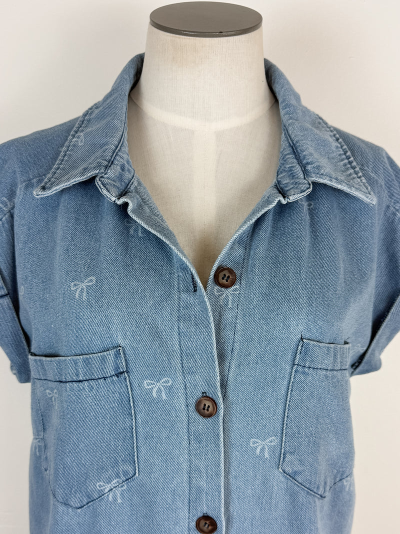 Quinn Button Down Bow Shirt Dress in Denim