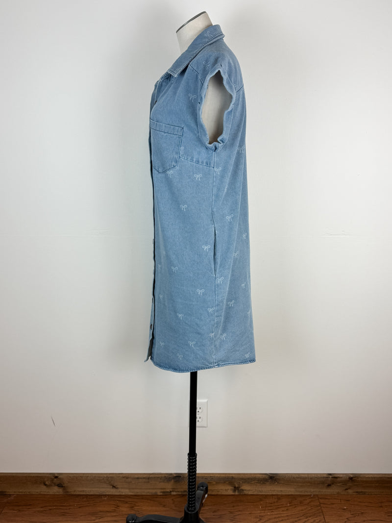 Quinn Button Down Bow Shirt Dress in Denim