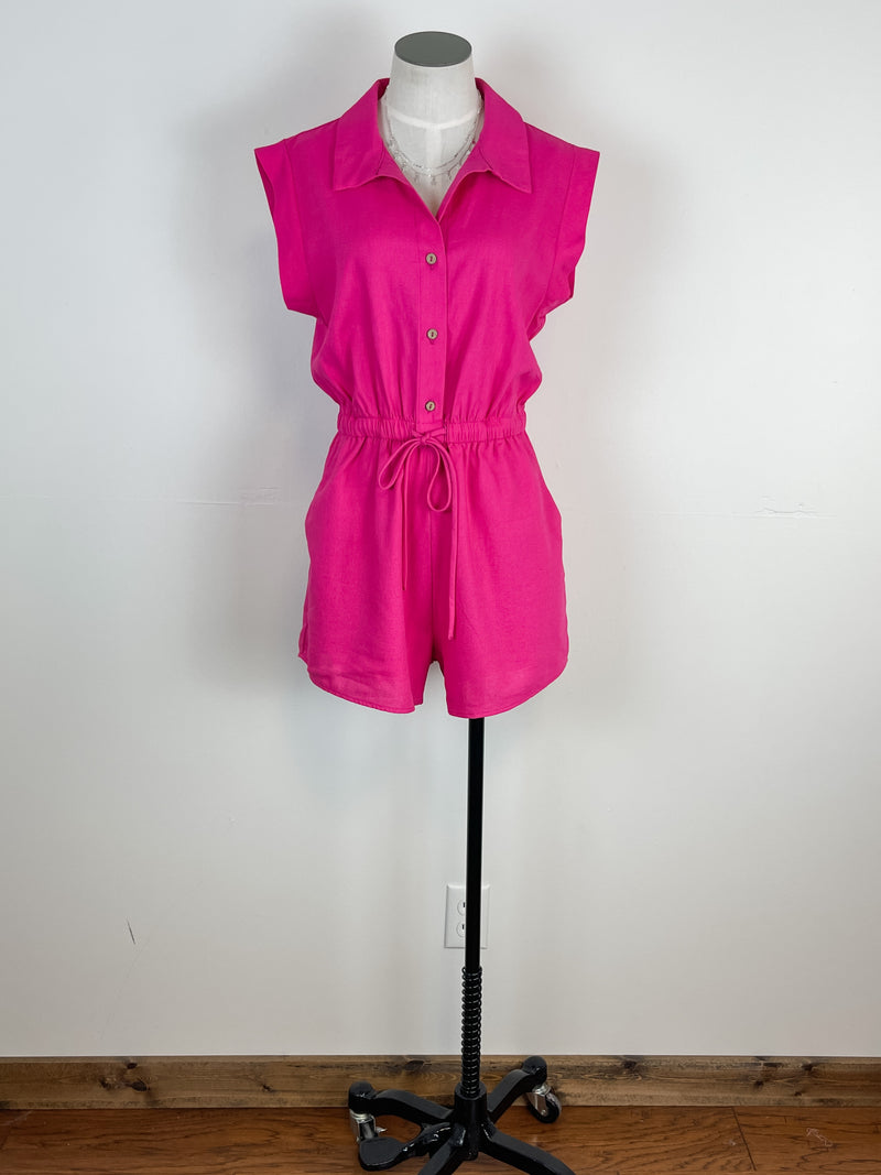 Collared Button Down Romper in Hot Pink